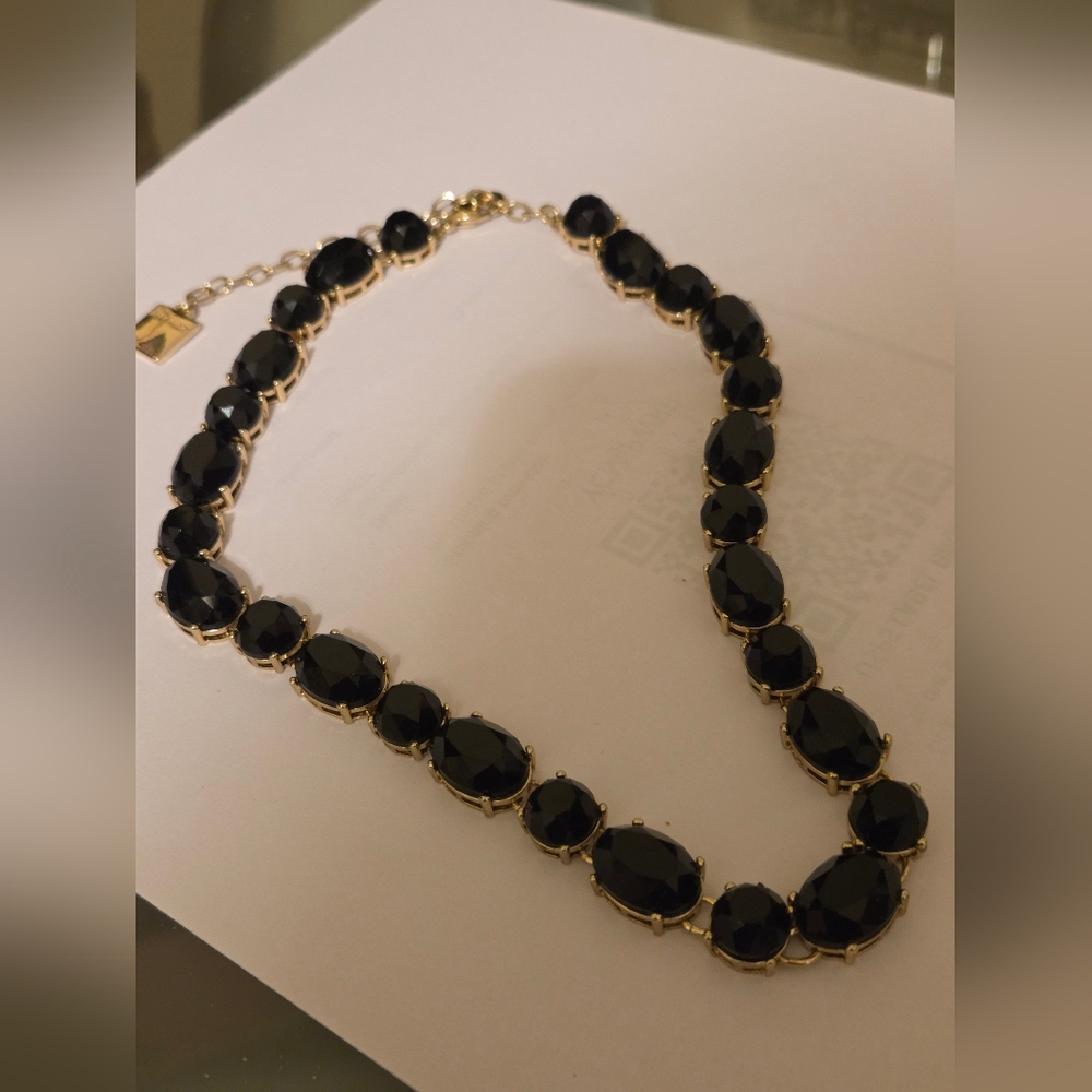 Anne Klein Black Faceted Stone Necklace with Goldtone Chain Excellent